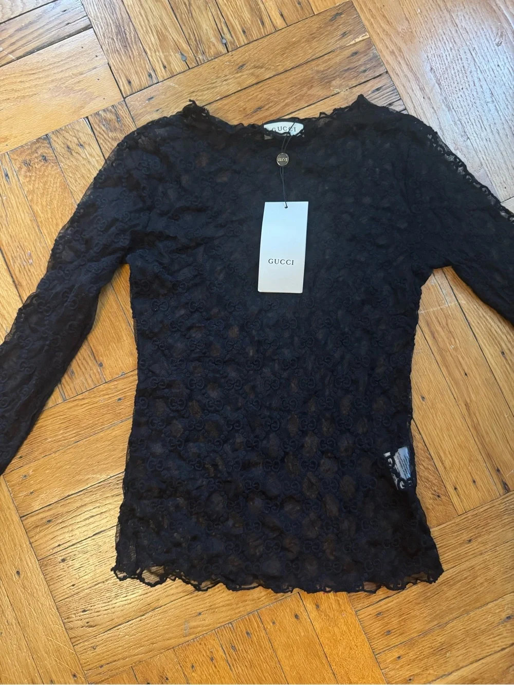 Gucci Black Long-Sleeve Lace Mesh Top - Picture 10 of 12